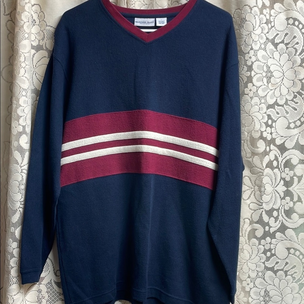 Montana Blues Jean Co. 100% cotton Men's Navy and Burgundy Striped Sweater - Picture 1 of 5